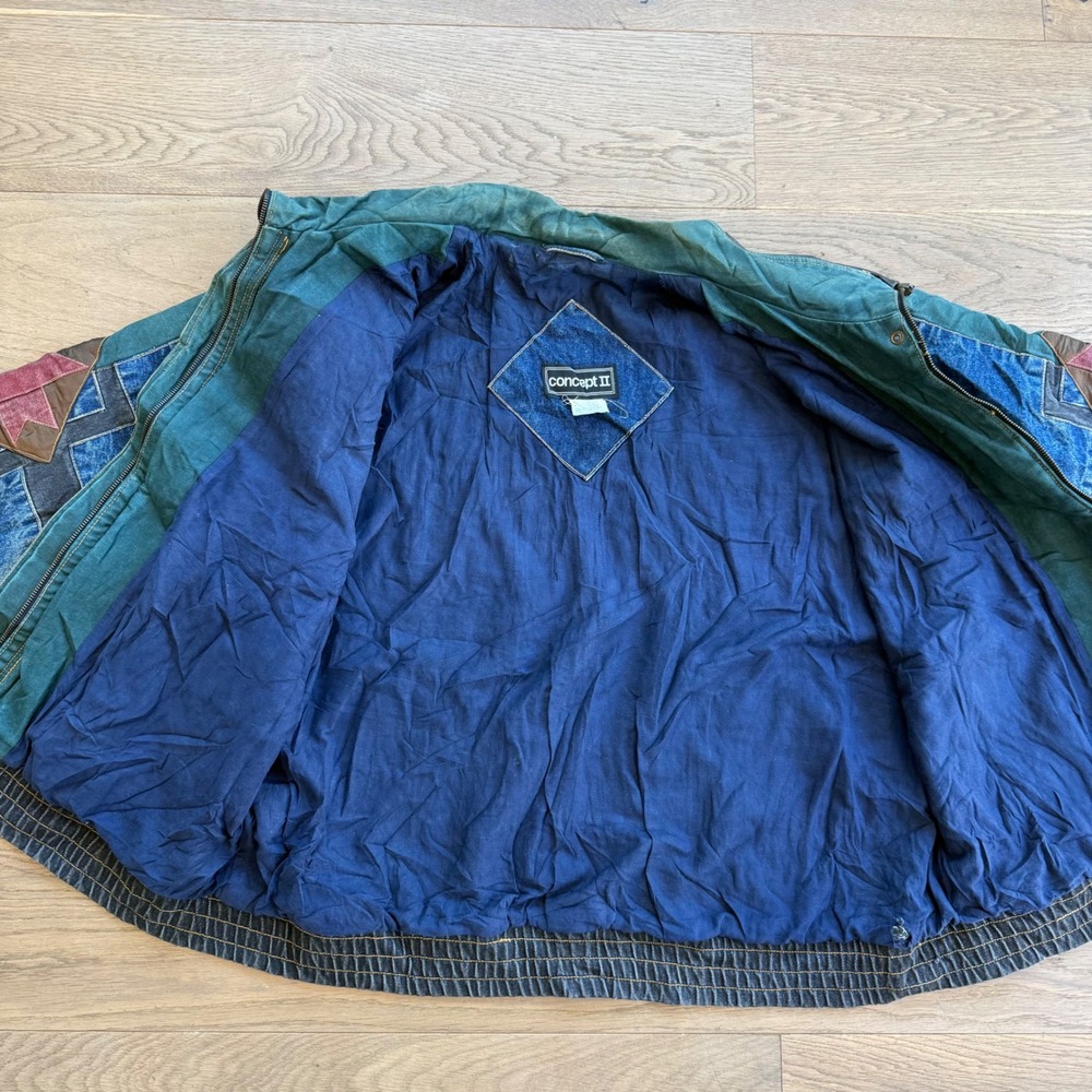 Vintage Concept II Denim‎ Patchwork Bomber Jacket Southwestern Geometric Mens L - Picture 9 of 11